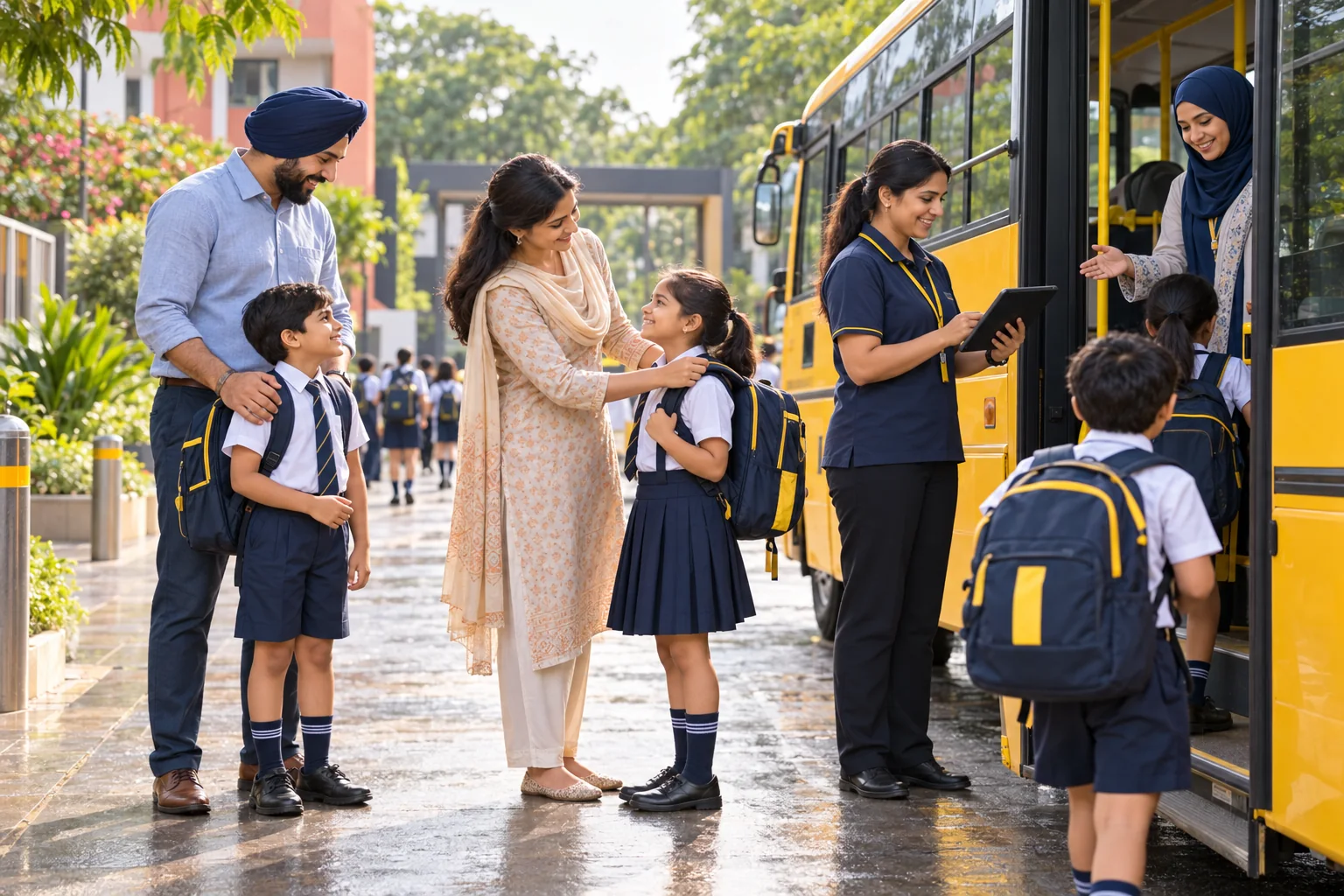 A culturally diverse school community gathers safely beside a school bus