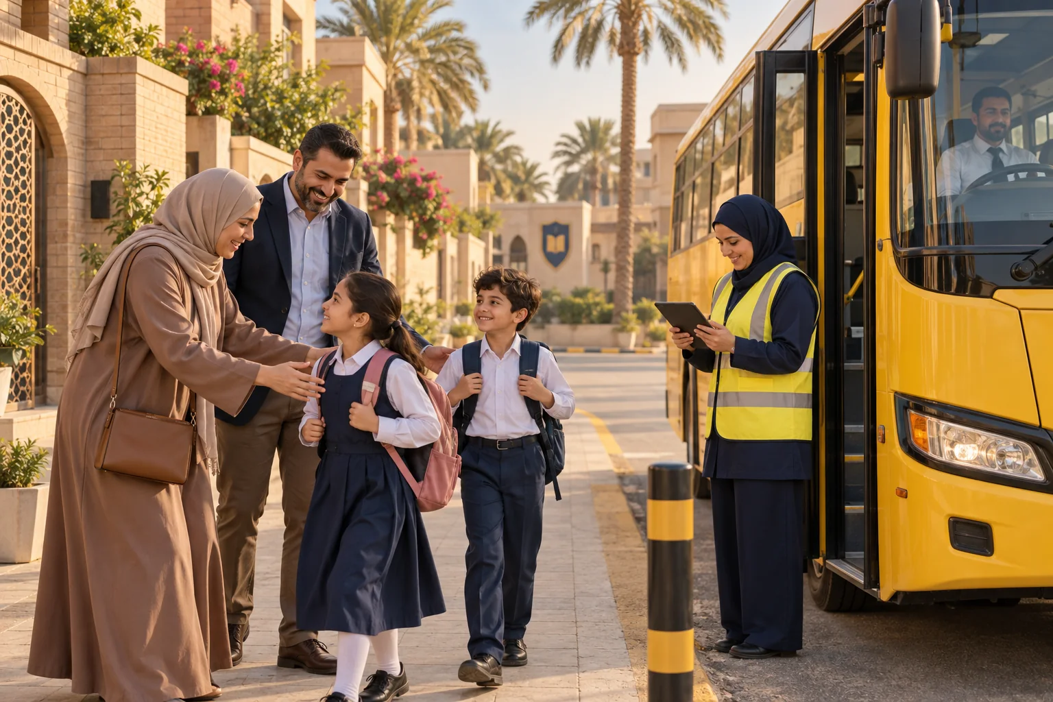 A family welcomes children at a safe school bus stop