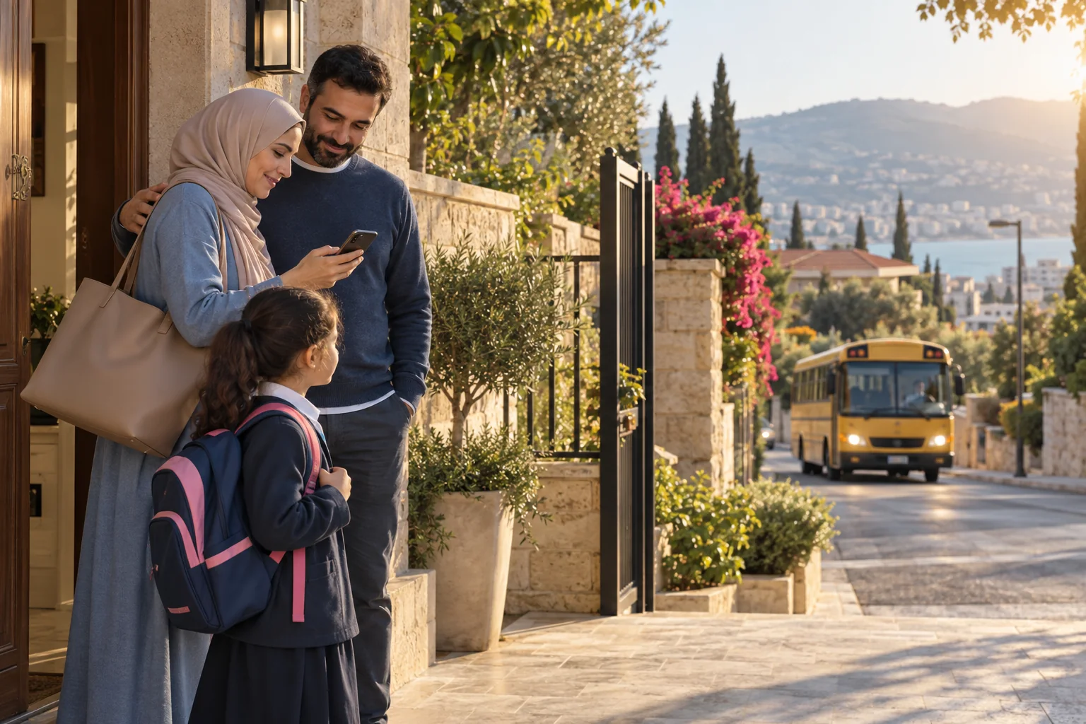 أم محجبة وأب يجهزان ابنتهما مع اقتراب حافلة المدرسة