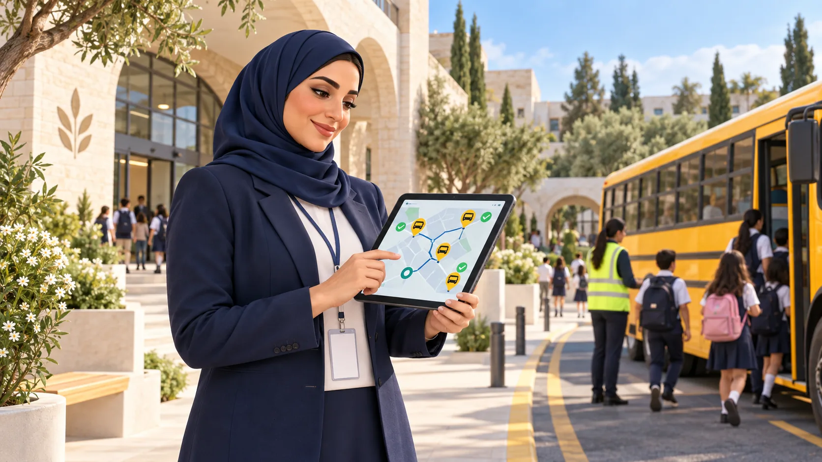 A school transportation coordinator in hijab manages routes from a tablet